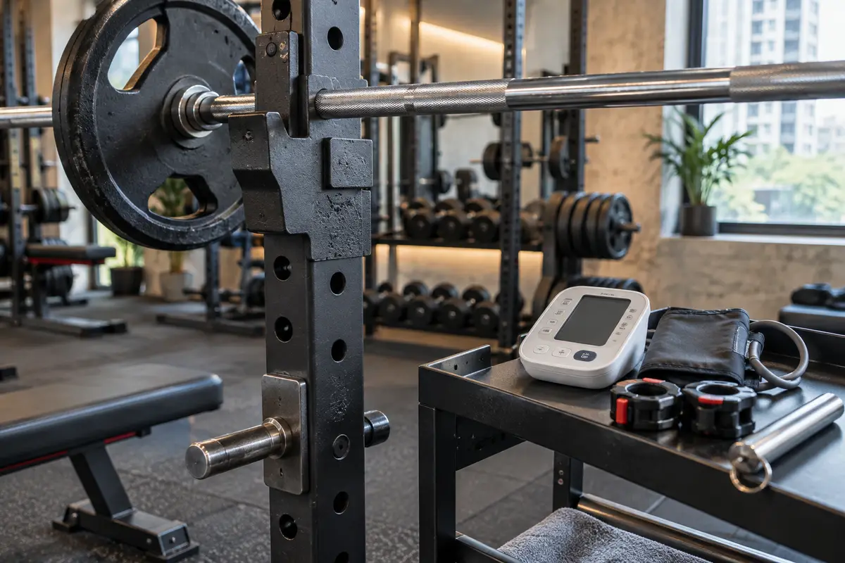 槓鈴架與血壓計並置的健身房角落（示意圖）