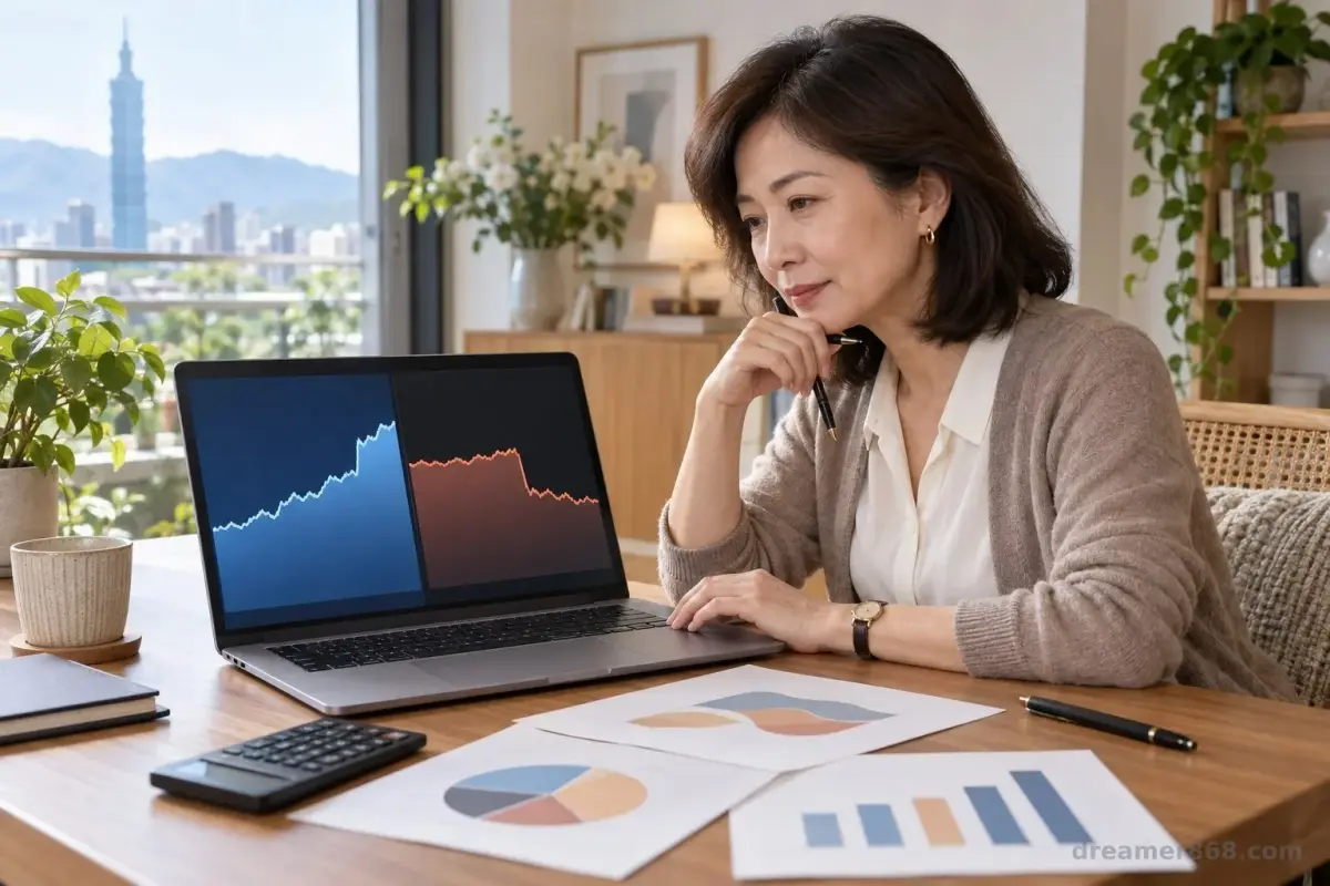 一位台灣中年退休投資人在書桌前比較筆電上的兩組美國消費信用趨勢圖，旁邊放著退休配置筆記與計算機。