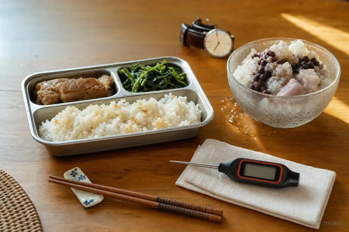 夏日餐桌上有便當、冰品與食物溫度計，呈現外食保存和加熱檢查情境