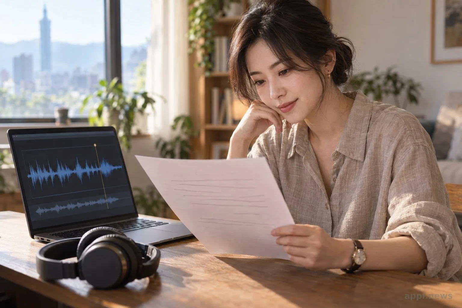 創作者在桌前檢視口語稿，旁邊放著顯示音訊波形的筆電與耳機。