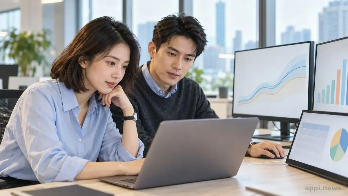 兩位亞洲資料工作者在辦公室查看預測分析儀表板與工作站。