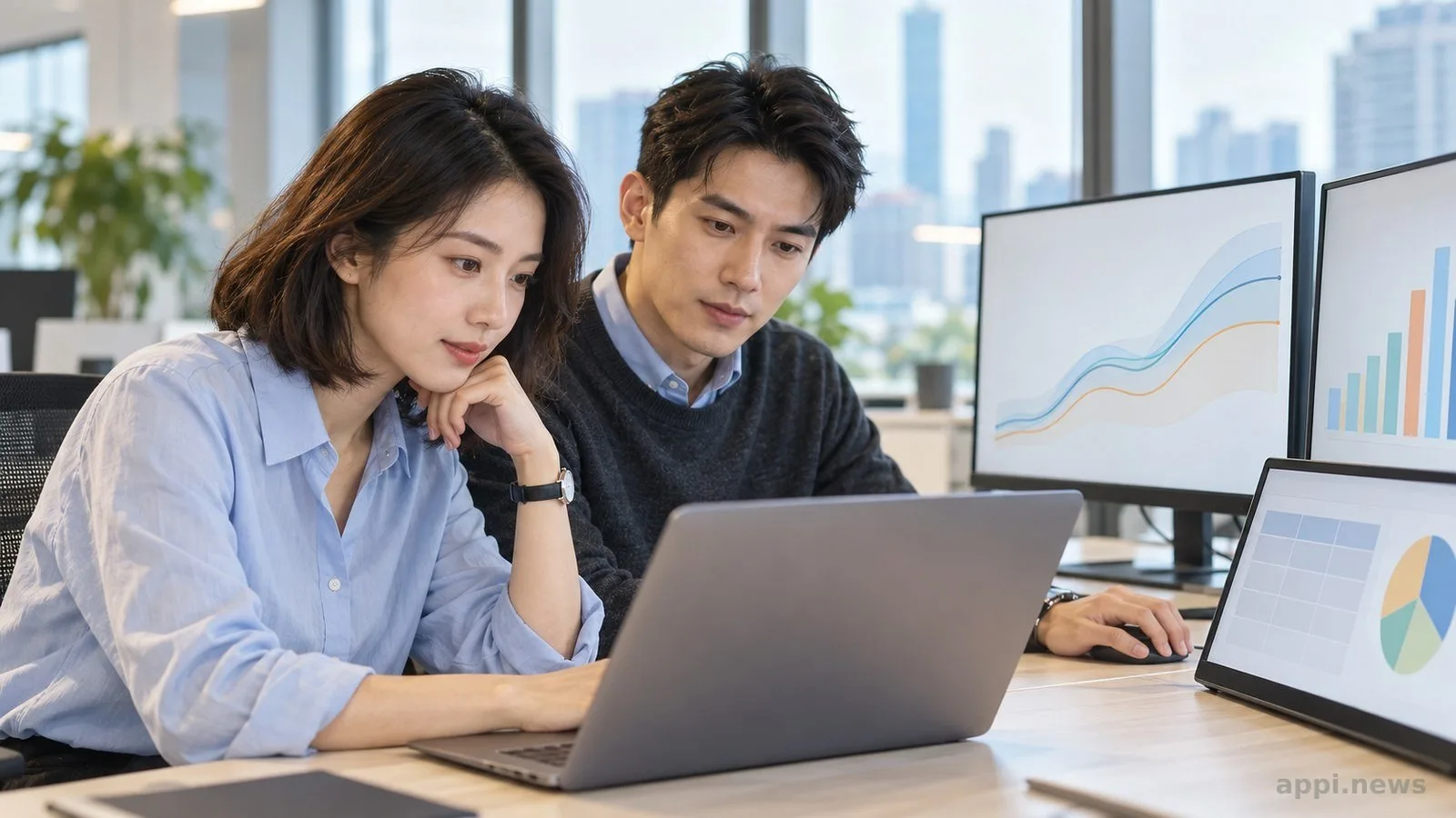 兩位亞洲資料工作者在辦公室查看預測分析儀表板與工作站。