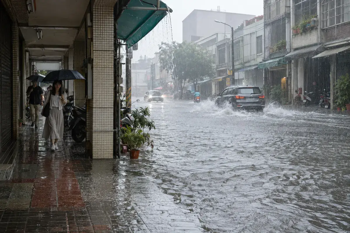 台南市區暴雨積水的街道與騎樓（示意圖）