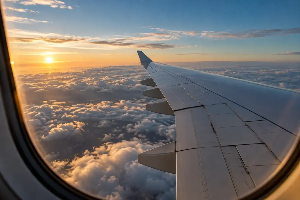 客機機翼與高空雲層的舷窗視角（示意圖）