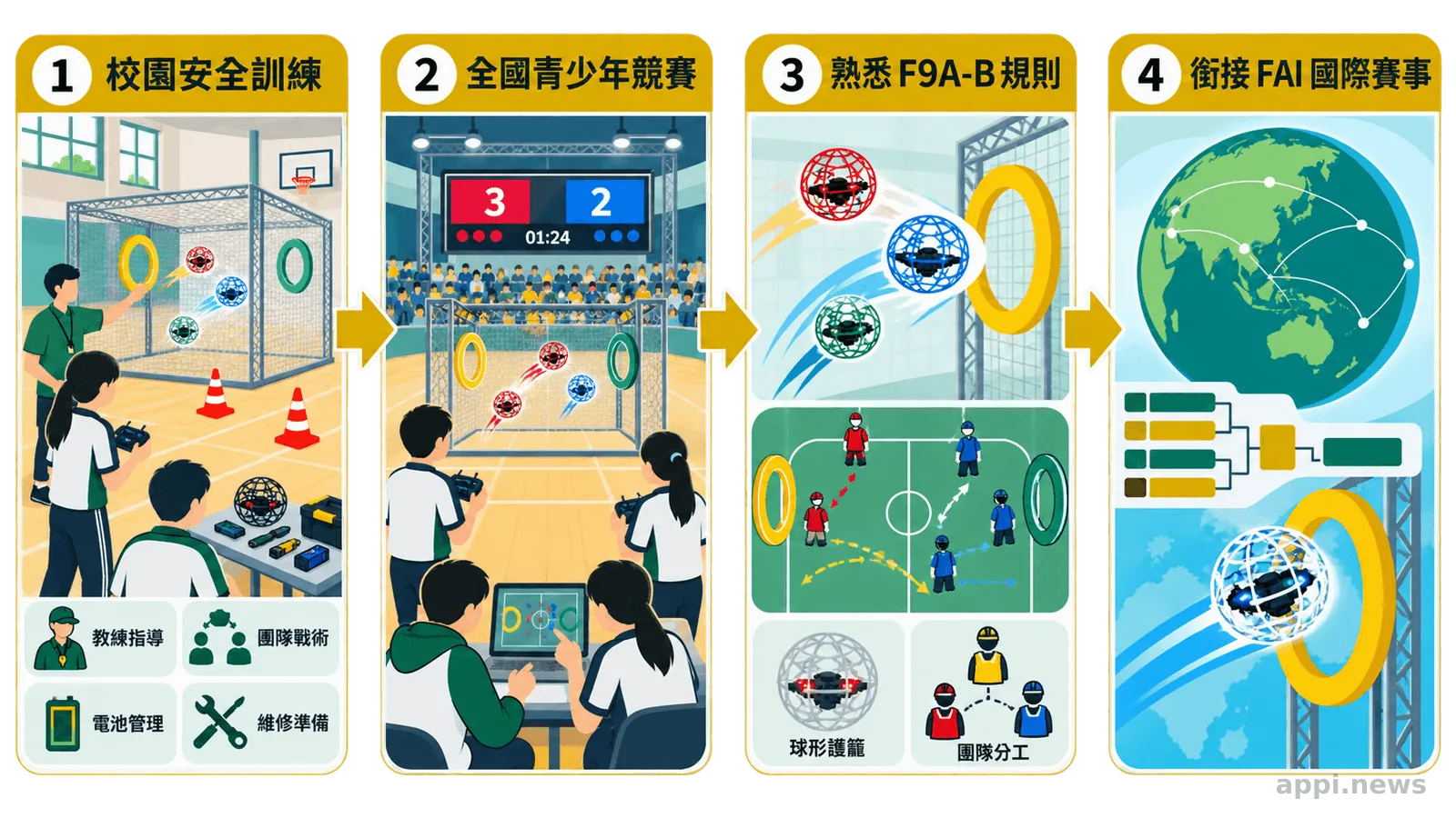 四名台灣青少年選手與教練在香港無人機足球賽場手持獎盃，前方放著球形防護籠無人機。