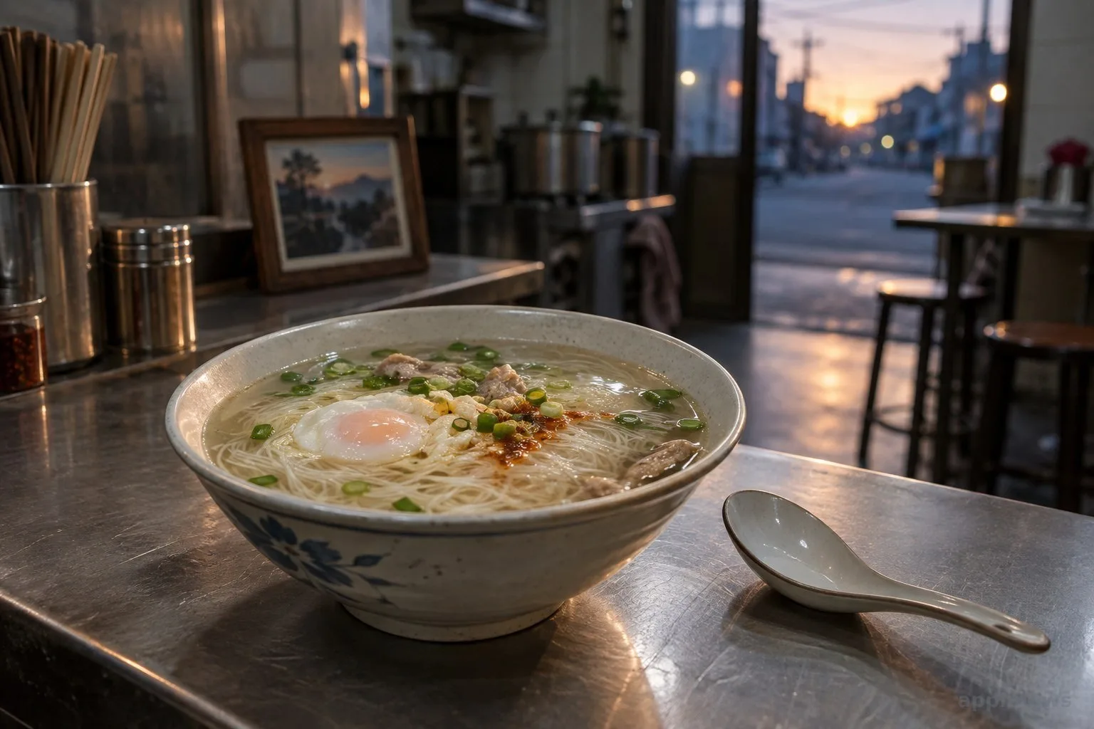 清晨的早餐店櫃檯上放著一碗米干湯，配有蛋、蔥花與辣油