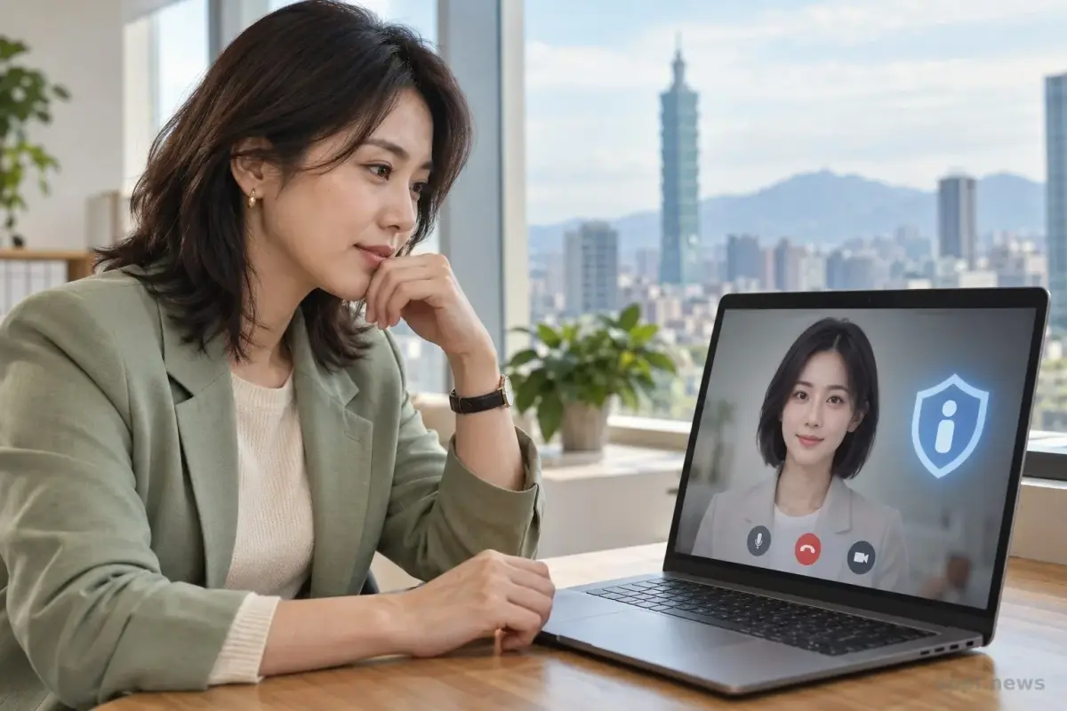 一位亞洲產品設計師坐在辦公室裡，注視筆電視訊畫面中的數位人物。