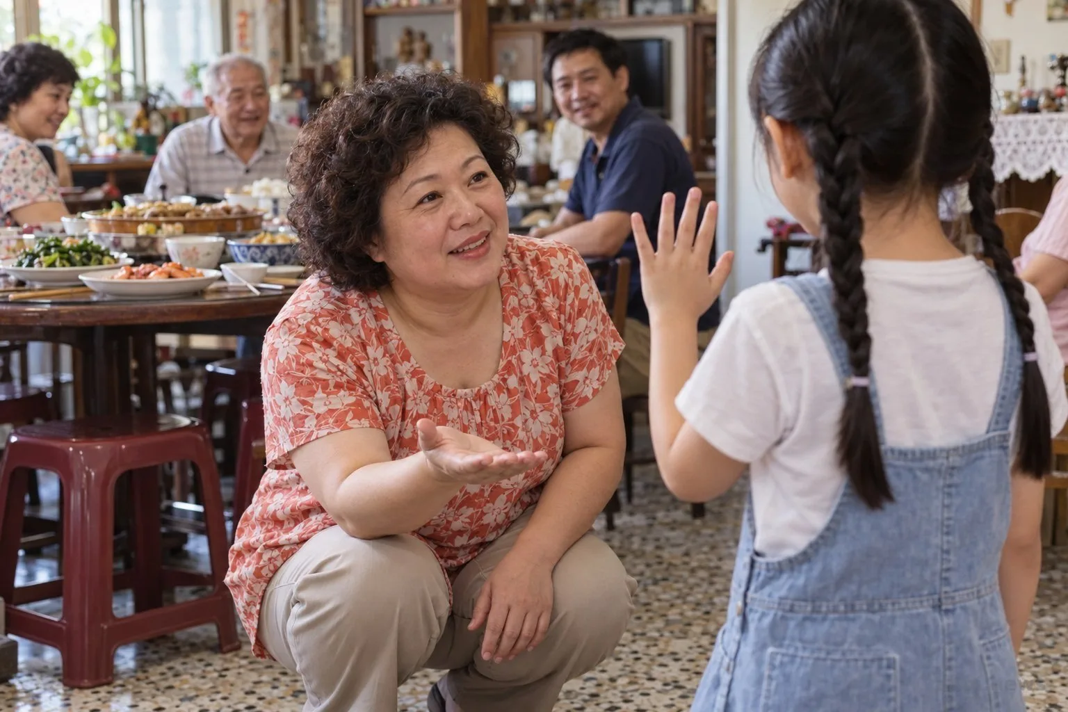 家庭聚會中，大人蹲下詢問孩子想揮手或口頭問候，孩子以背影入鏡