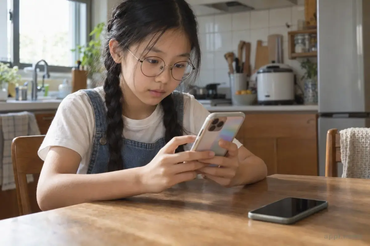一名青少年看著手機，家長的手機放在桌上且沒有顯示通知