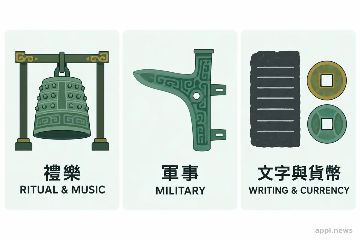 青銅鐘、兵器、刻石拓片與錢幣複製品分列呈現。