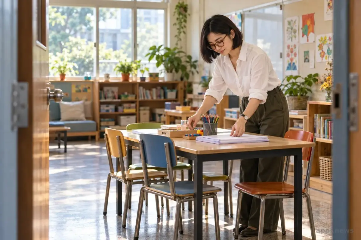 從教室門口看見一位大人整理座位與畫具，通往室內的走道保持開放。