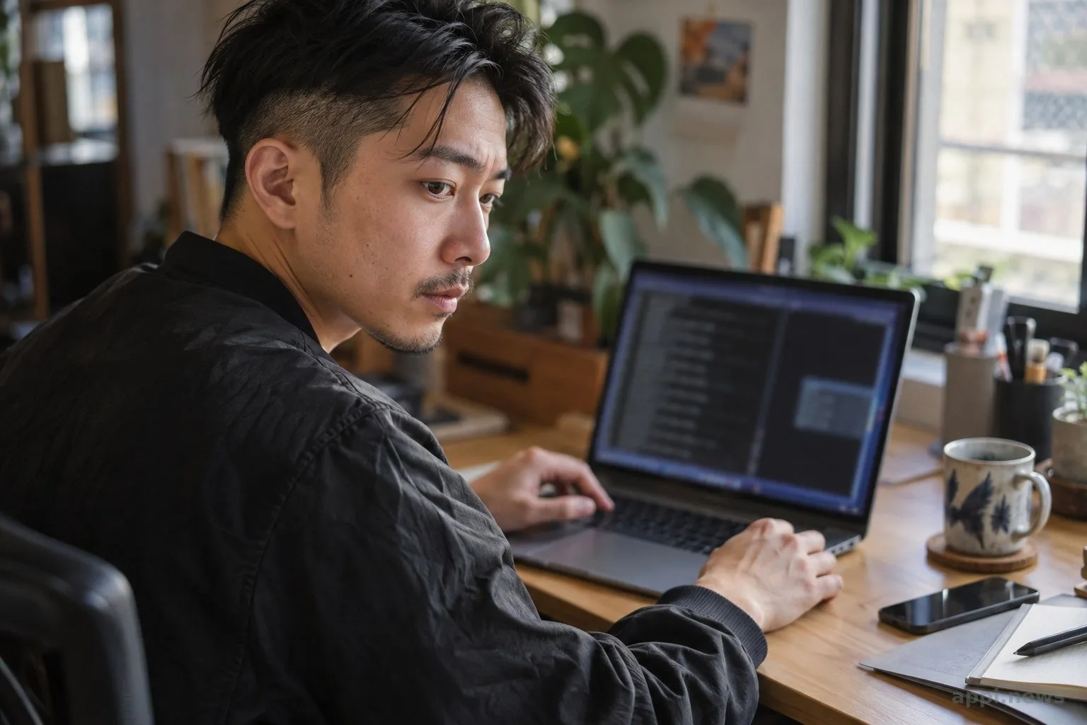 一位開發者坐在筆電前，檢查終端機中的提示文字與 token 數