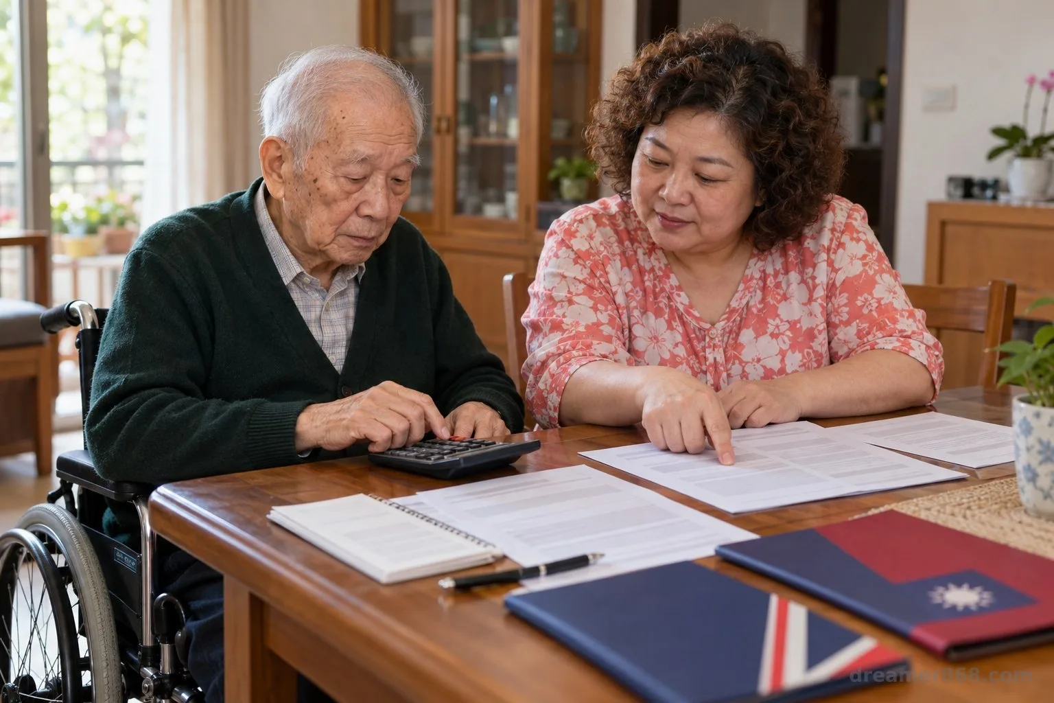 台灣退休夫妻在餐桌前一起檢視英國年金通知與家庭預算表