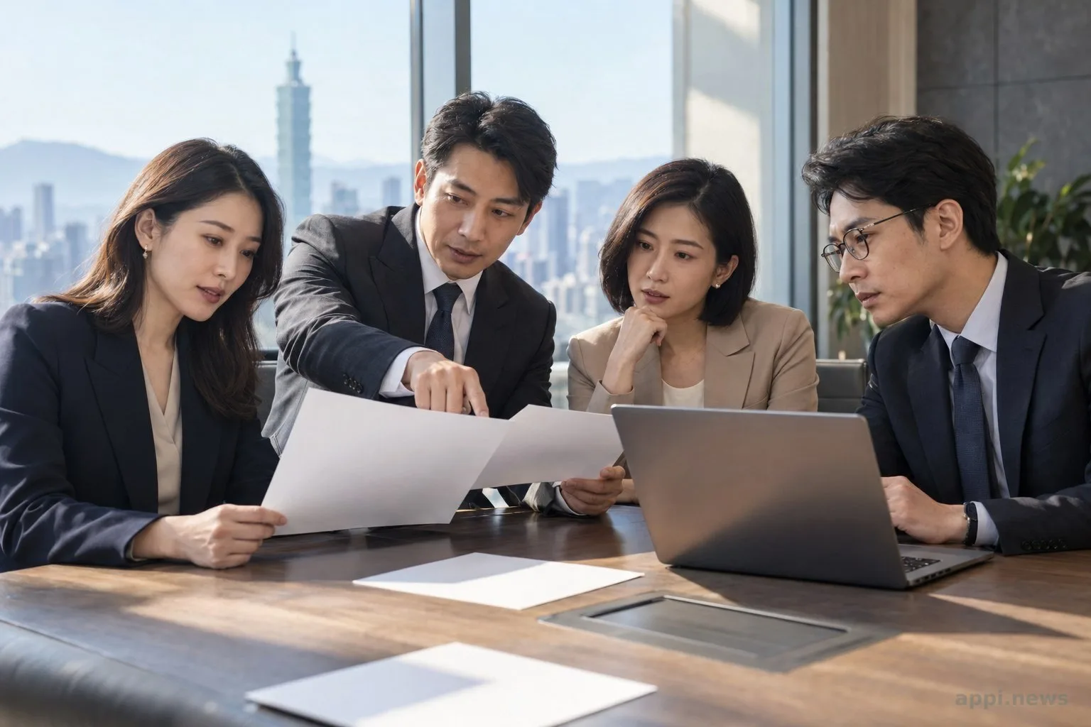 台灣企業治理團隊在會議室檢視科技安全評估文件與筆電