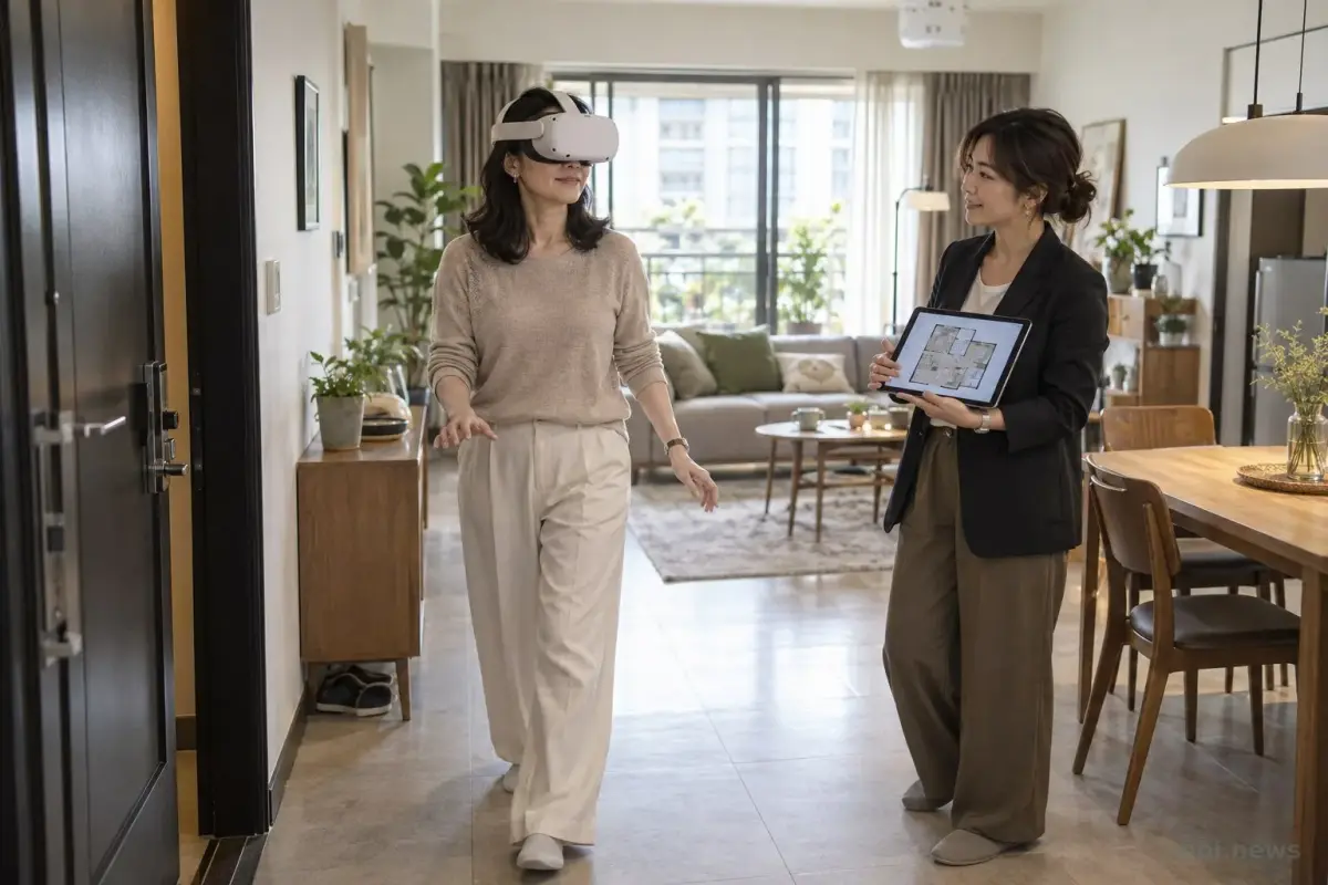 屋主戴著 VR 頭戴裝置走過客廳，設計師在一旁觀察家具與通道配置。