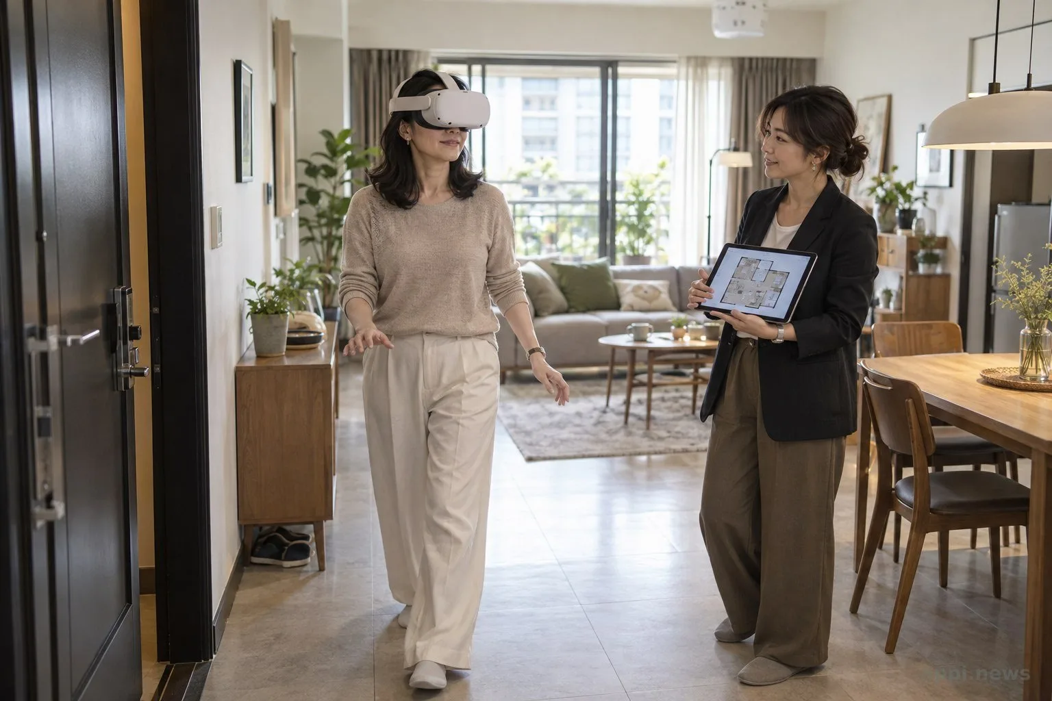 屋主戴著 VR 頭戴裝置走過客廳，設計師在一旁觀察家具與通道配置。