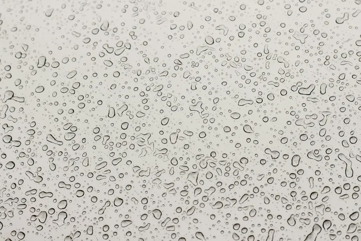淺色表面上佈滿大小不一的水珠，光線柔和。