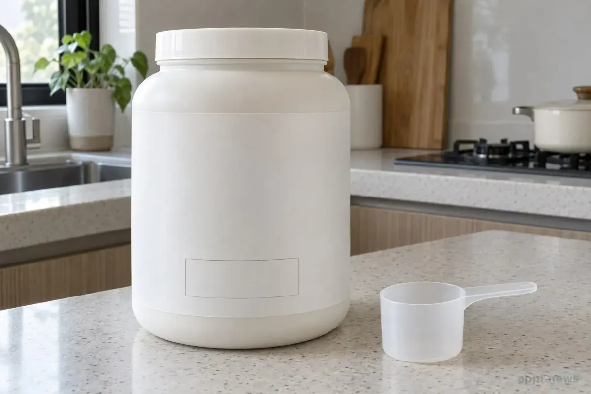 無品牌乳清蛋白罐放在廚房檯面上，旁邊有乾燥取粉匙，罐身標示與期限可見
