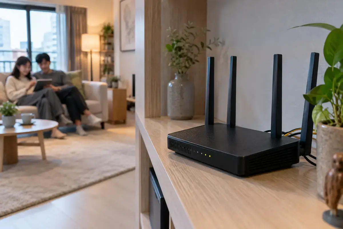 客廳電視旁擺著家用 Wi-Fi 路由器，呈現家庭網路連線場景