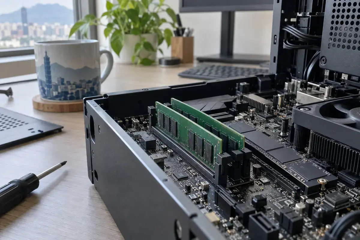 桌上型電腦主機板上的記憶體模組與固態硬碟特寫