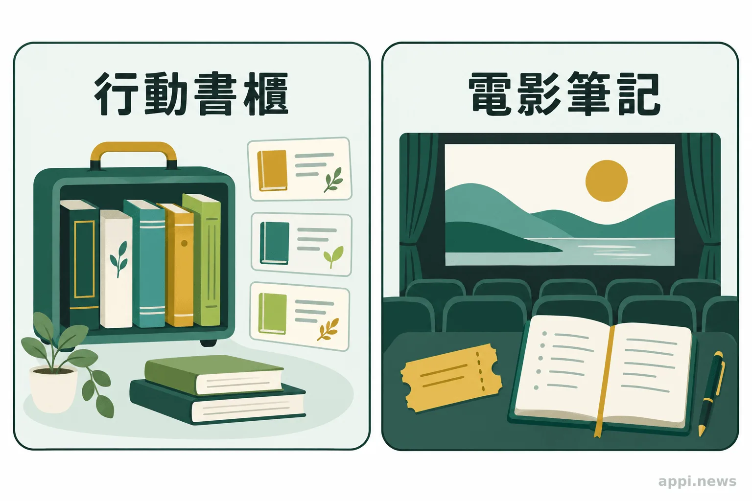 兩個並列圖像分別呈現作家選書分享與電影放映、映後筆記。