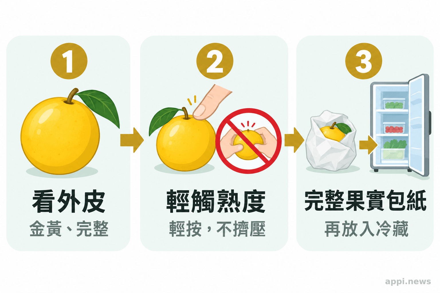 三格流程依序呈現檢查黃金果外皮、輕按確認熟度,以及用紙包好完整果實後冷藏。