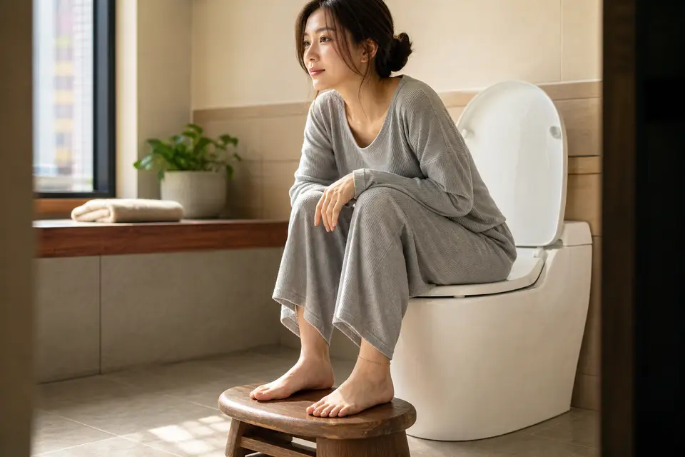 一雙腳踩在小板凳上如廁的示意畫面
