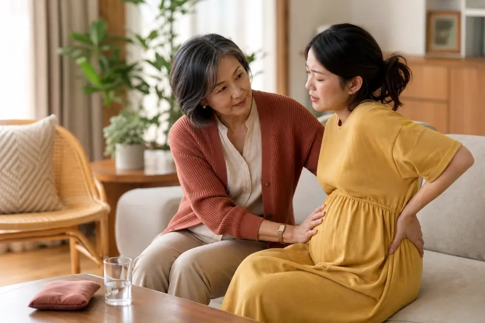 家人在家中陪伴照顧背痛的孕婦(示意圖)