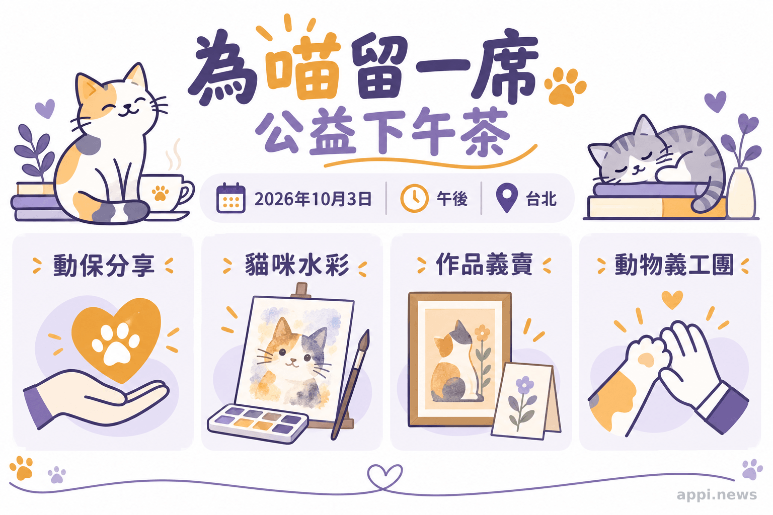 公益下午茶活動資訊圖，以四個區塊呈現動保分享、貓咪壓克力顏料創作、手繪作品義賣與動物義工團串聯，頂端標示活動日期、時間與台北場地