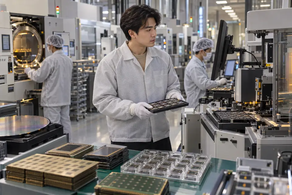 台灣先進封裝由晶圓、封測、測試與載板多層分工組成(示意圖) 半導體封裝產線、測試設備與載板材料組成的製造場景