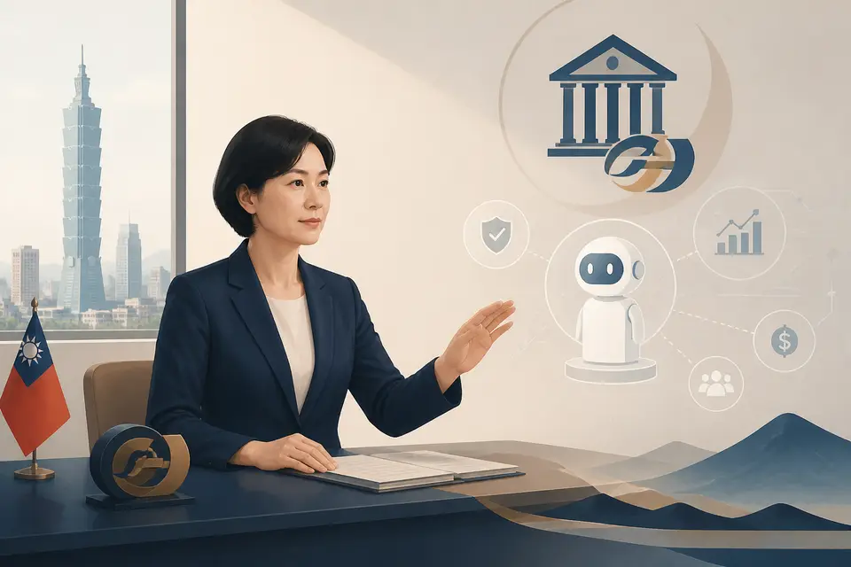 辦公桌上的台灣企業治理情境與 AI 服務圖示，象徵模型、權限與責任的管理界線。