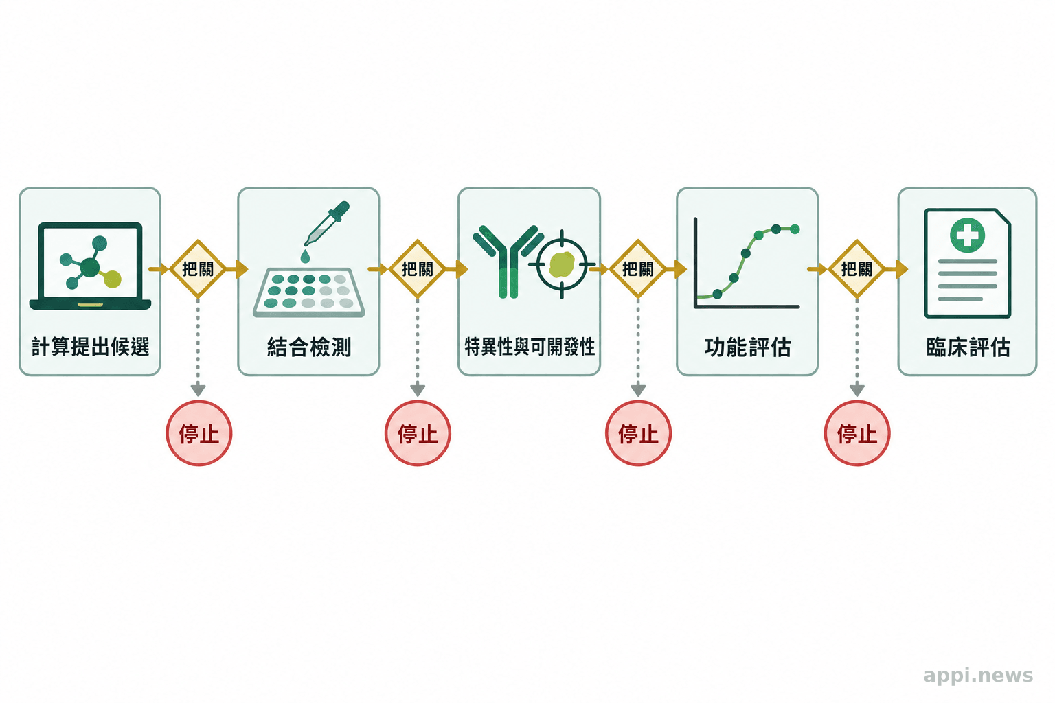 流程圖由計算提出候選開始,依序呈現結合、特異性與可開發性檢查,再到功能及臨床評估,各階段設有把關節點。