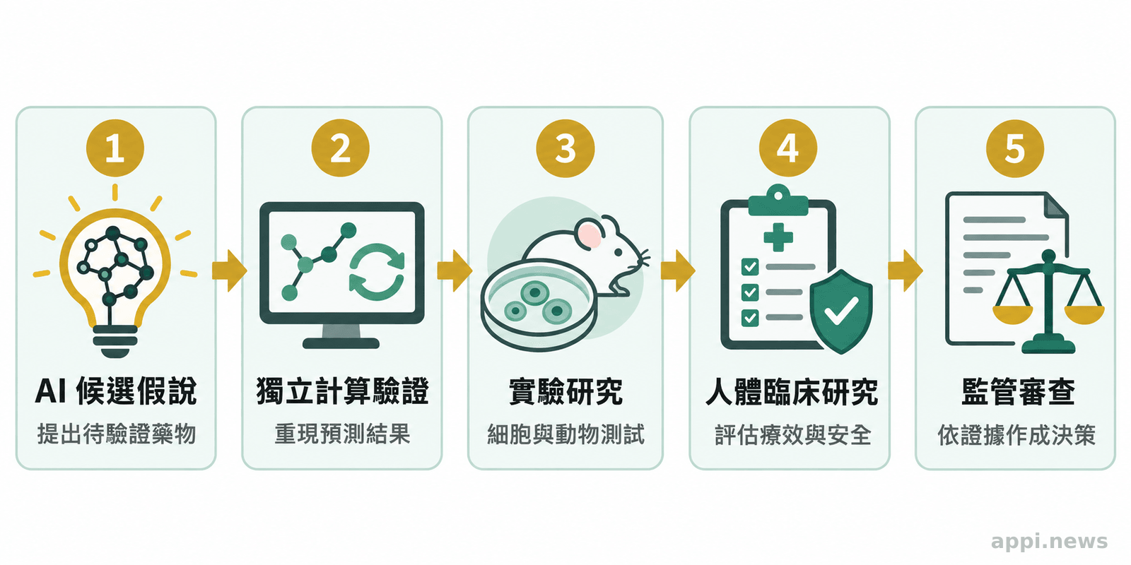 五個以箭頭相連的研究階段,從AI候選假說、獨立計算驗證、實驗與人體研究,延伸至監管審查