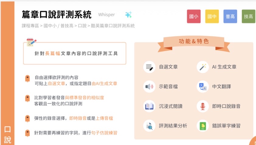 Whisper 篇章口說評測系統的介面資訊,顯示自選文章、示範音檔與評測功能