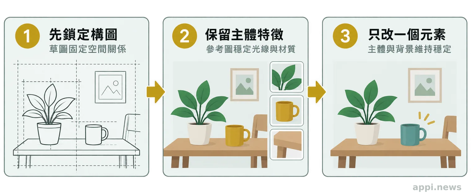 三階段流程圖呈現草圖固定構圖、參考圖保留主體，再針對單一元素進行精準修改。