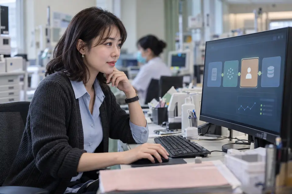 人工智慧工作流由資料輸入、模型處理、人工覆核與系統寫回等節點串成