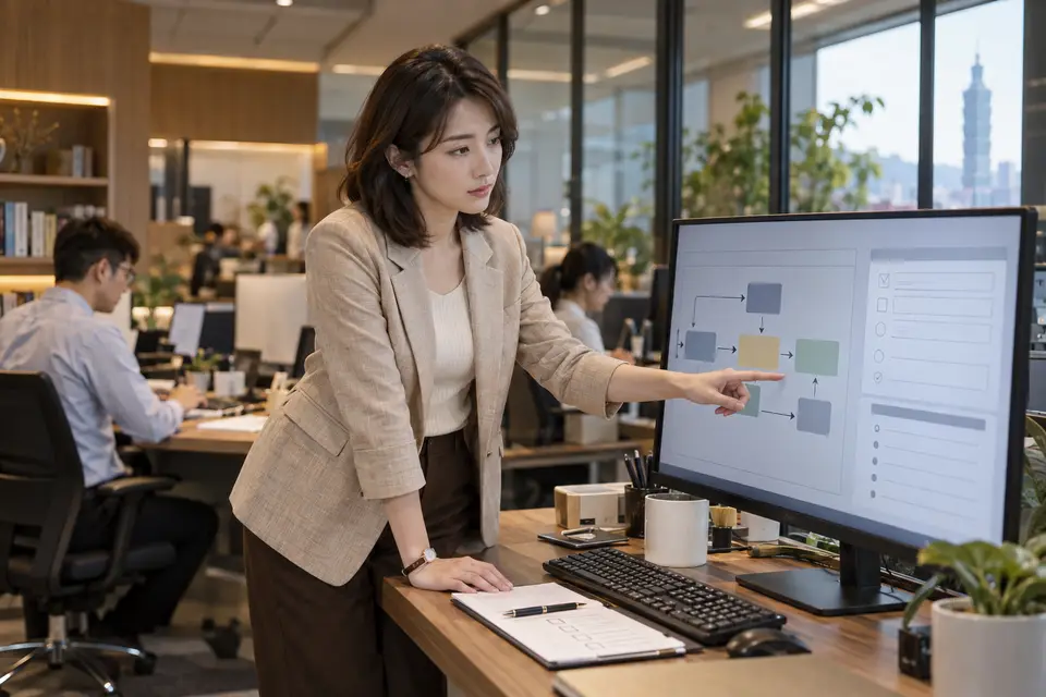 螢幕上顯示 AI 決策流程圖，旁邊有人工覆核與責任紀錄欄位