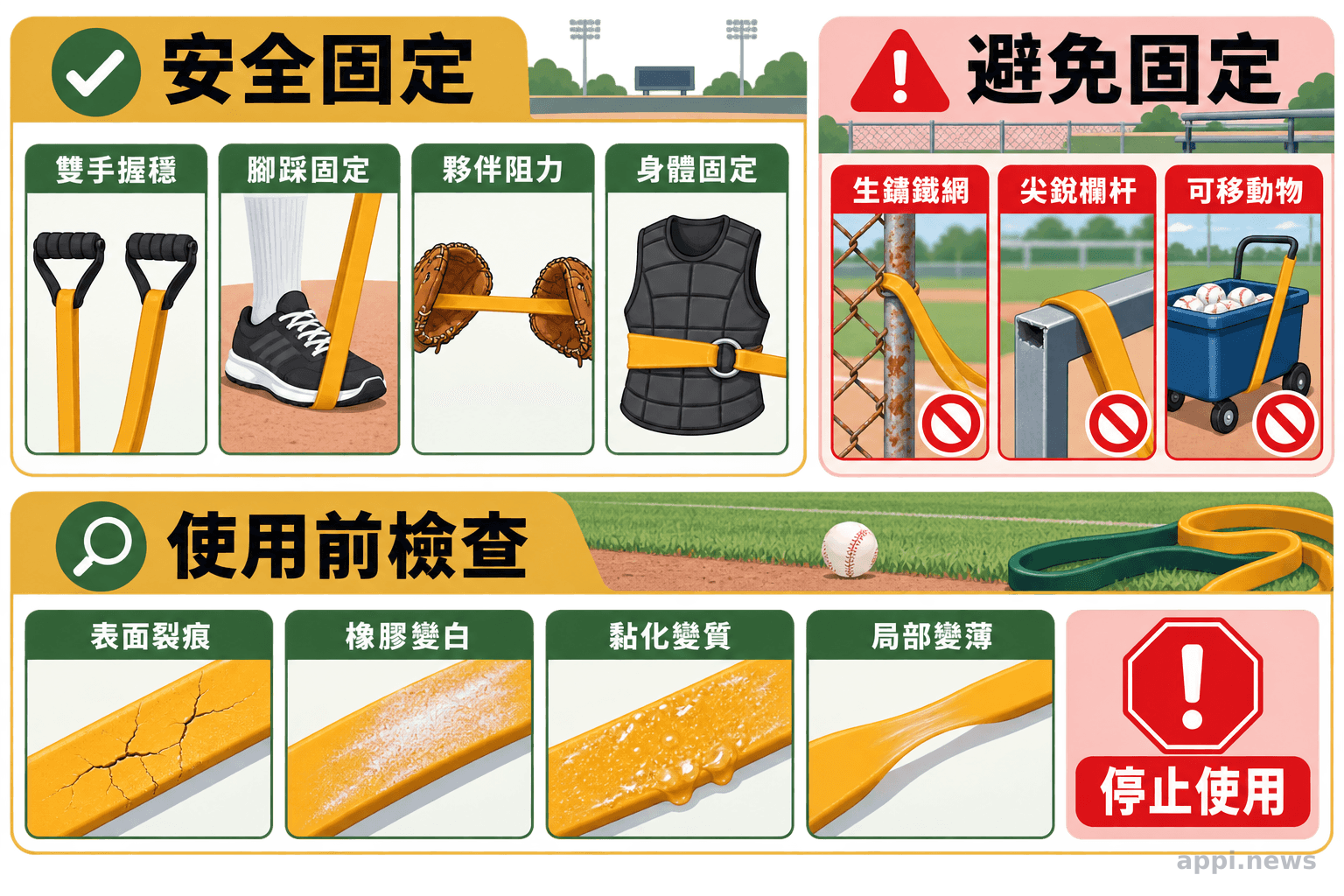 彈力帶安全檢查圖對照雙手、腳踩等固定方式與生鏽鐵網、尖銳欄杆等危險做法,並列出裂痕、變白、黏化及變薄警訊。
