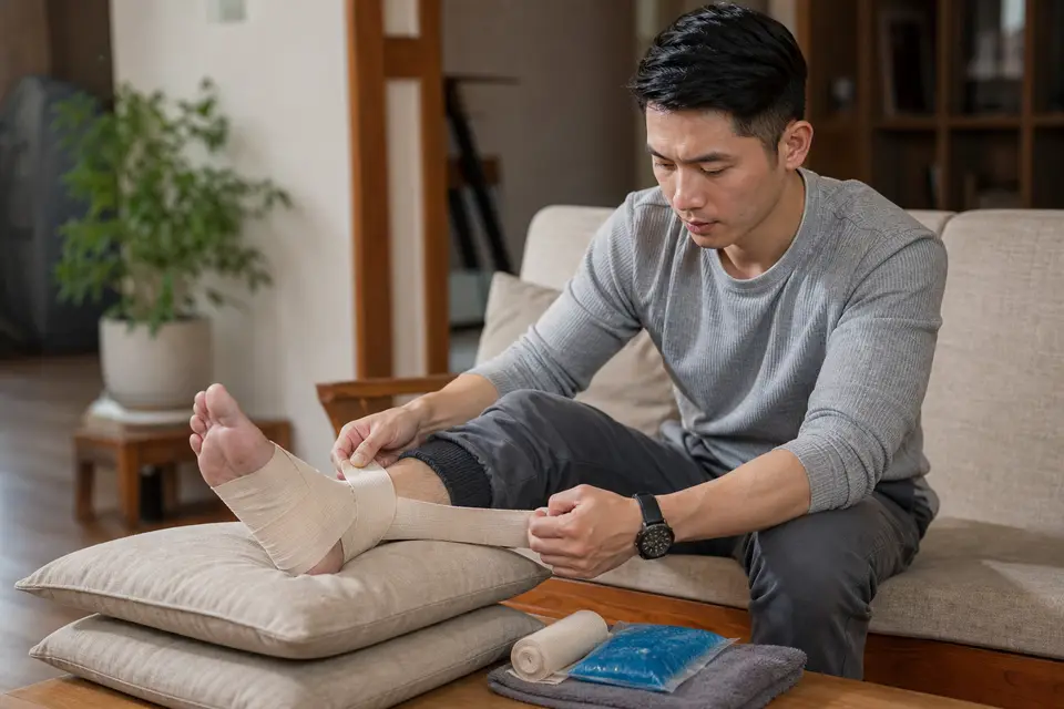 居家進行腳踝抬高與彈性繃帶加壓包紮的步驟示意