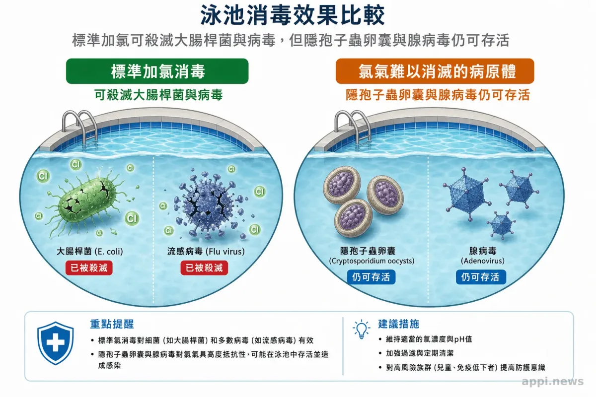 泳池消毒效果比較:標準加氯可殺滅大腸桿菌與病毒,但隱孢子蟲卵囊與腺病毒仍可存活
