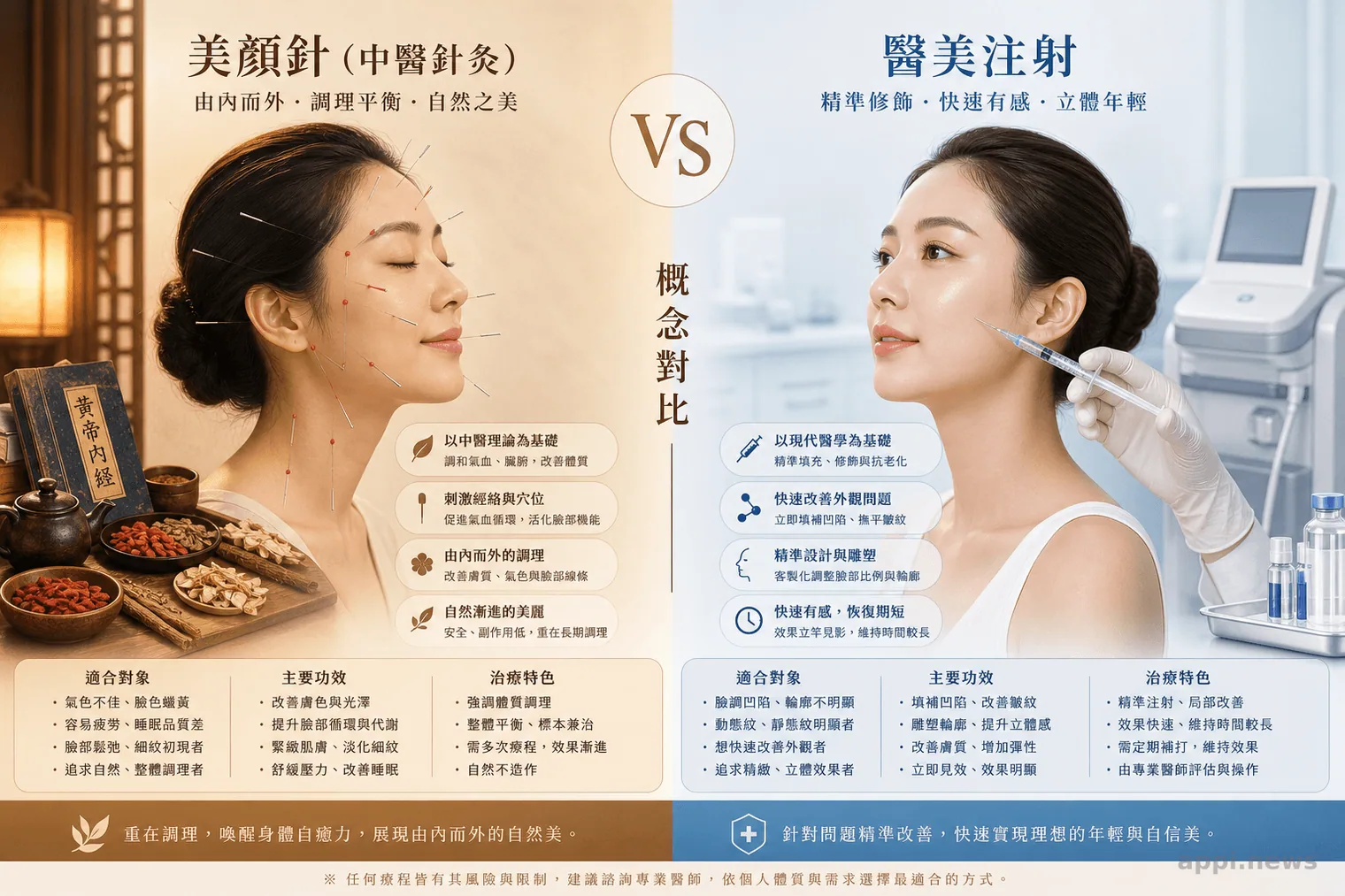 美顏針與醫美注射的概念對比圖