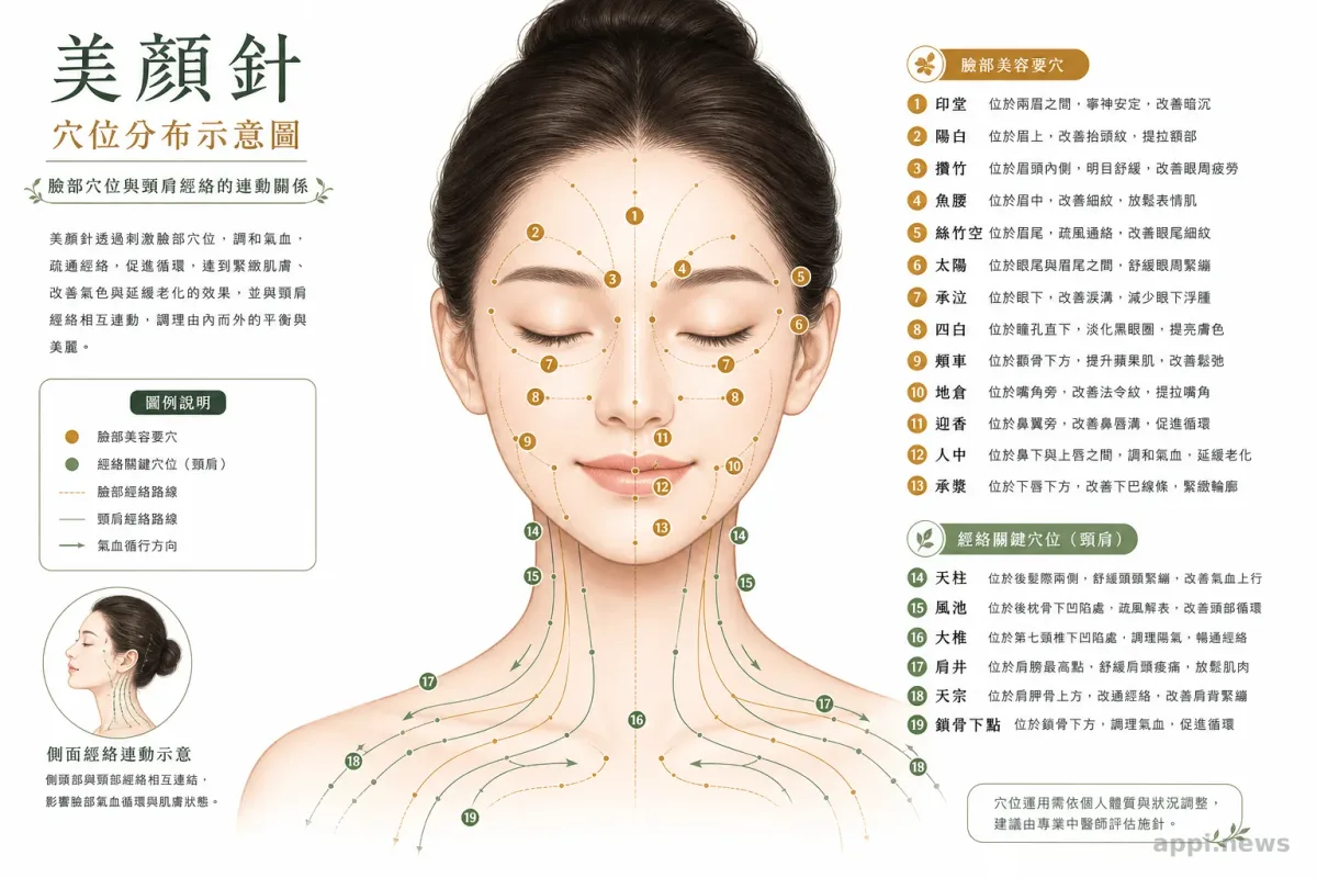 美顏針臉部穴位分布示意圖，呈現臉部與頸肩的取穴範圍