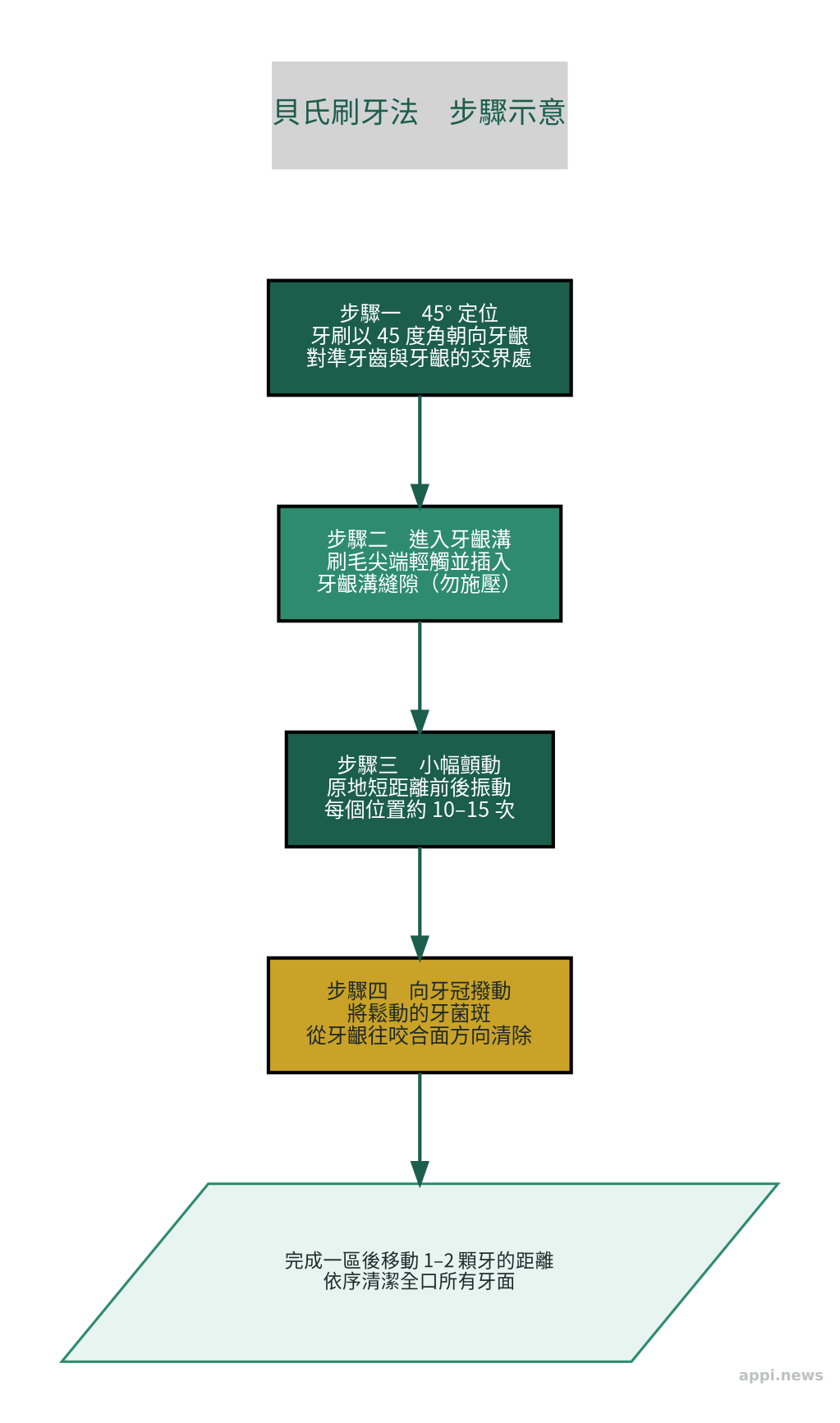 貝氏刷牙法步驟圖示:牙刷以45度角對準牙齦線,刷毛進入牙齦溝後小幅顫動,再向牙冠方向撥動清除牙菌斑