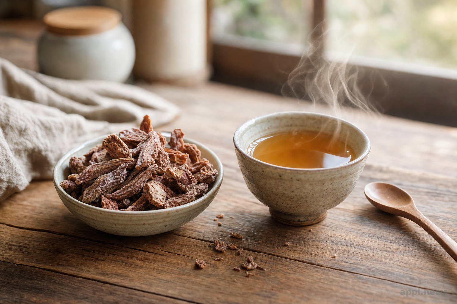 情境示意圖:紅景天乾燥根與草本茶飲的溫暖廚房場景