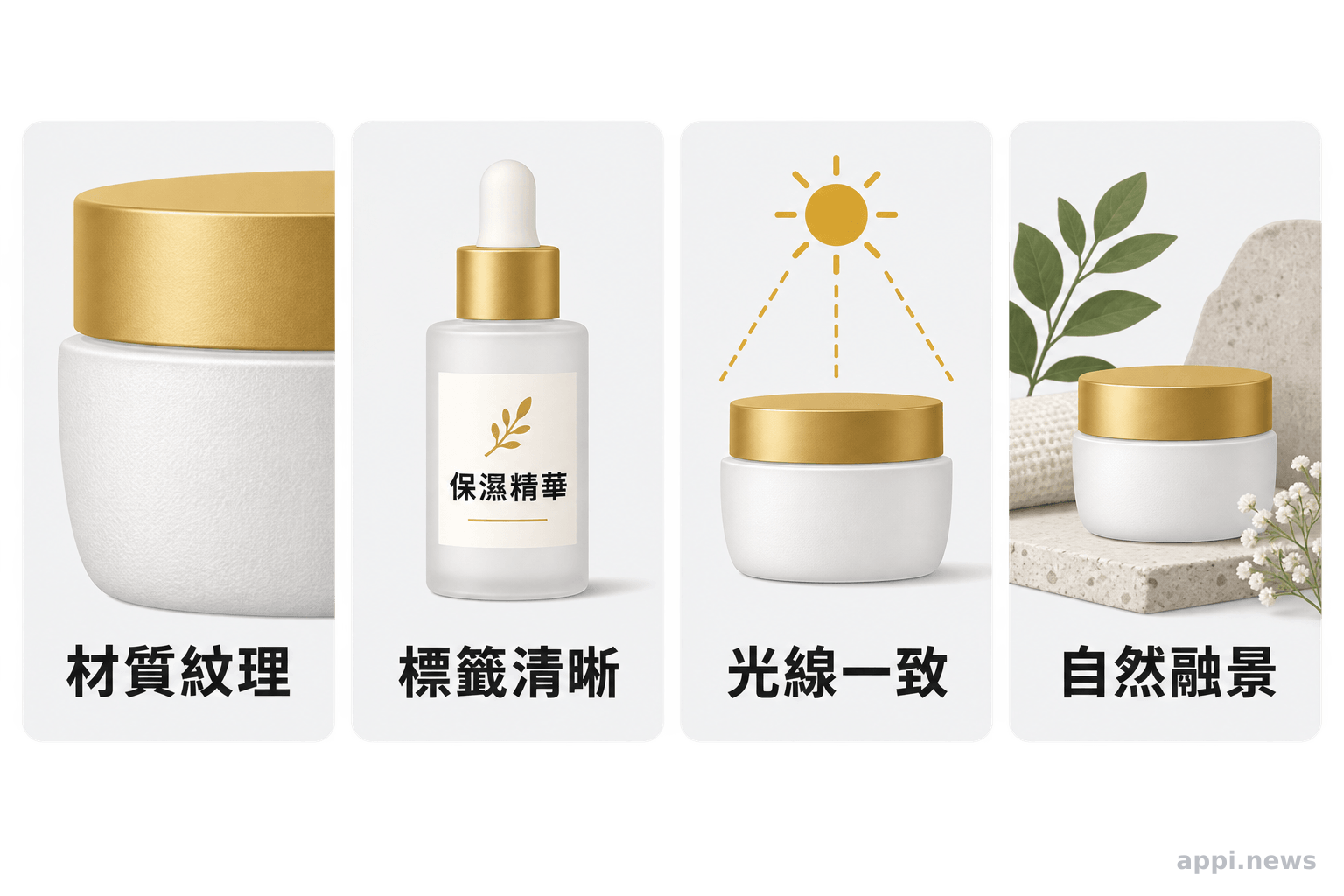 商品影像檢查重點:保留材質紋理、標籤清晰、光線一致並融入背景