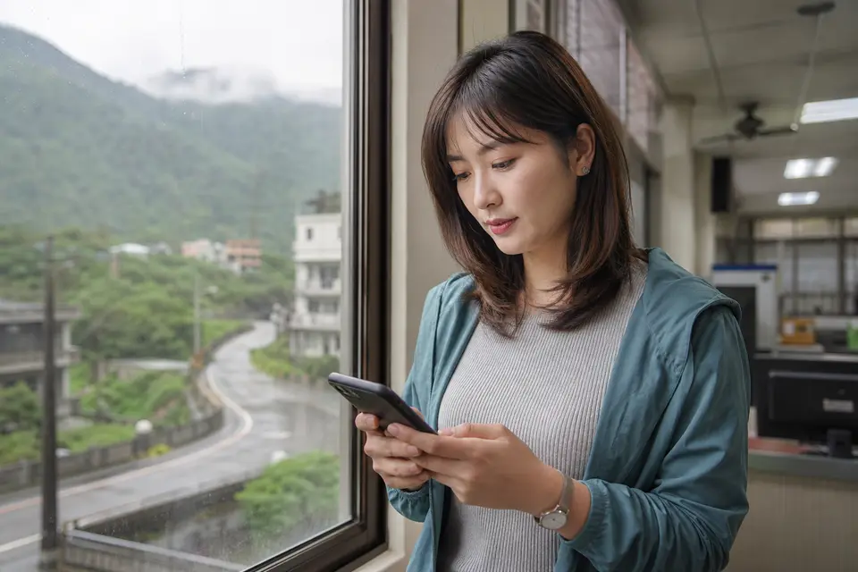 颱風天應分別確認地方停班公告與證交所交易資訊(示意圖) 民眾在雨天查看手機公告