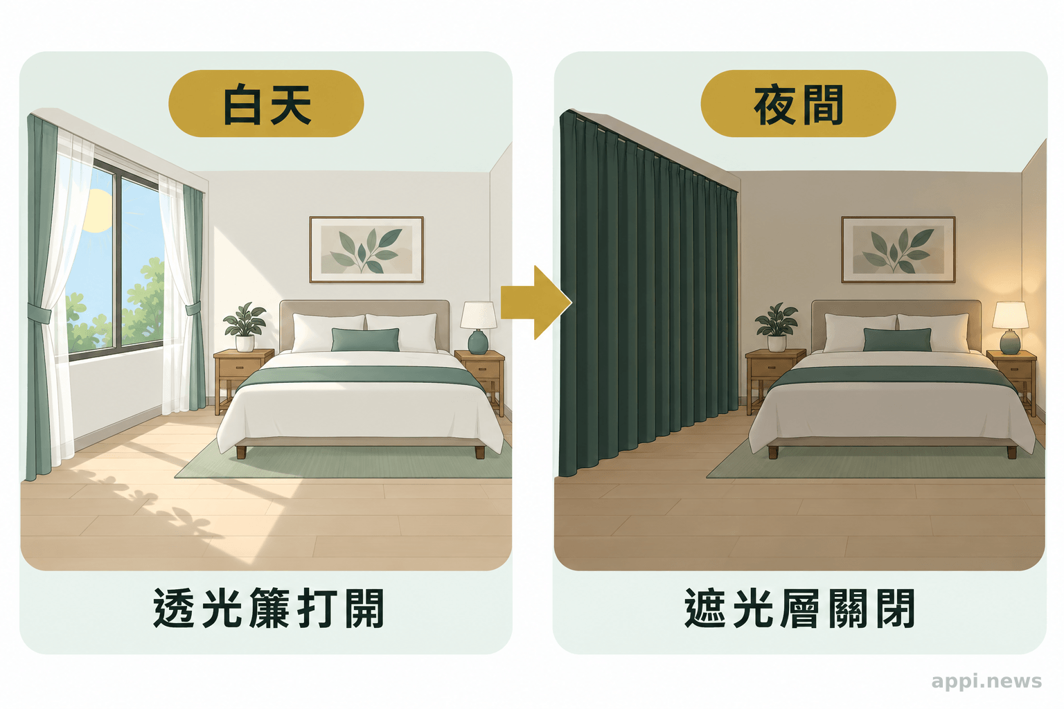 日夜兩個臥室狀態以箭頭相連,白天透光簾打開引入日光,夜間遮光層關閉,床邊通道保持暢通。