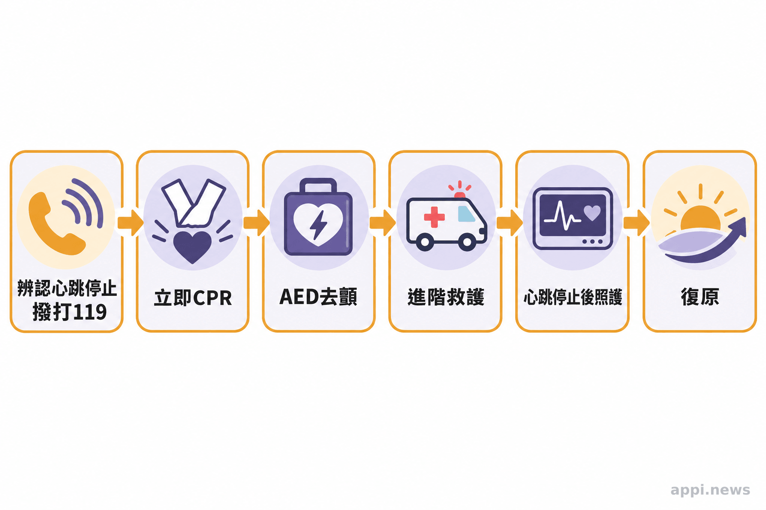 六個相連環節依序呈現辨認狀況並通報、CPR、AED電擊、進階救護、心跳停止後照護與復原。
