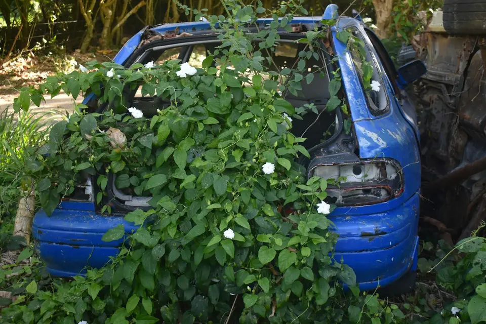 事故車輛受損後停在道路旁,等待後續檢查與處理