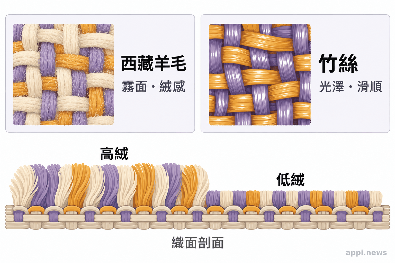 羊毛與竹絲的霧面和光澤對照，以及高低絨織面的剖面